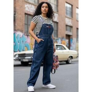 Vtg 00s Tommy Hilfiger 100% Cotton Denim Overalls Bibs Logo Straps L Streetwewar